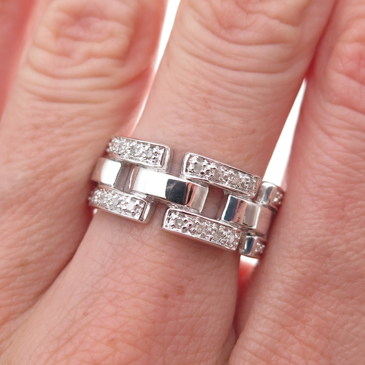 925 Sterling Silver Real Round-Cut Diamond Chain Link Ring Size 8