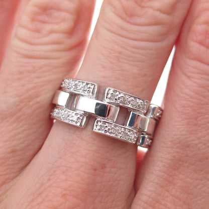 925 Sterling Silver Real Round-Cut Diamond Chain Link Ring Size 8