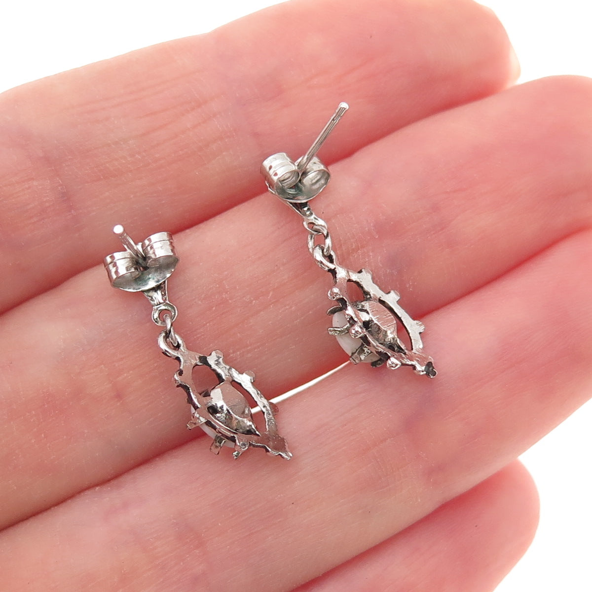 925 Sterling Silver Vintage Real Opal Oxidized Dangle Earrings