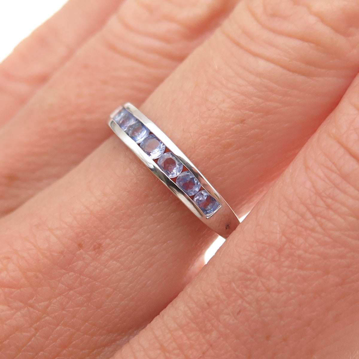 Chuck Clemency 925 Sterling Silver Real Round-Cut Tanzanite Band Ring Size 6.25