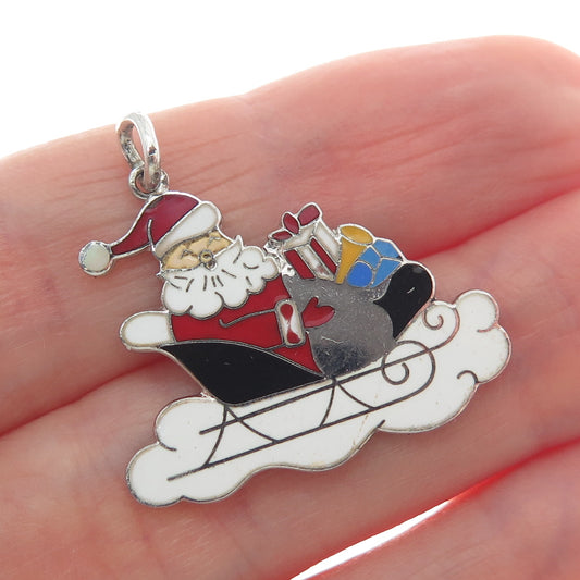 WELLS 925 Sterling Silver Antique Enamel Santa Claus Christmas Charm Pendant