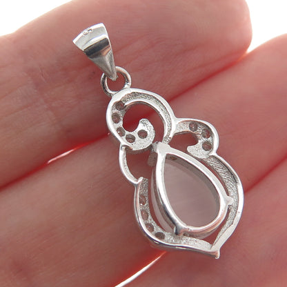 925 Sterling Silver Real Clear Quartz & C Z Ornate Minimalist Charm Pendant