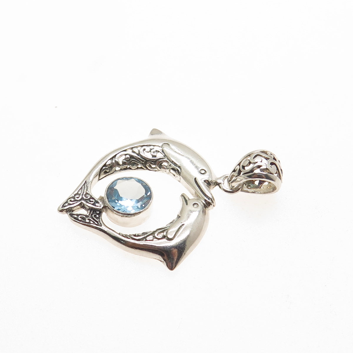 925 Sterling Silver Vintage Real Blue Topaz Mom & Child Dolphin Charm Pendant