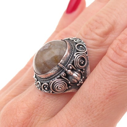 925 Sterling Silver Antique Art Deco Real Amber Bird Oxidized Ring Size 8.75