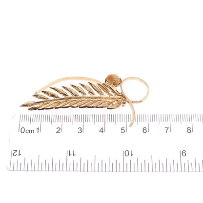 WELLS 925 Sterling Silver Gold Plated Vintage Real Tiger Eye Feather Pin Brooch