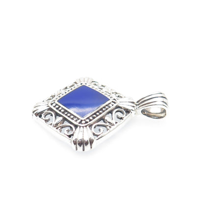 925 Sterling Silver Vintage Mexico Real Lapis Ornate Oxidized Charm Pendant