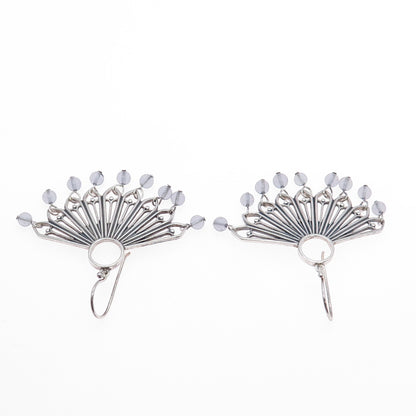 925 Sterling Silver Vintage Clear Crystal Modernist Fan Oxidized Earrings