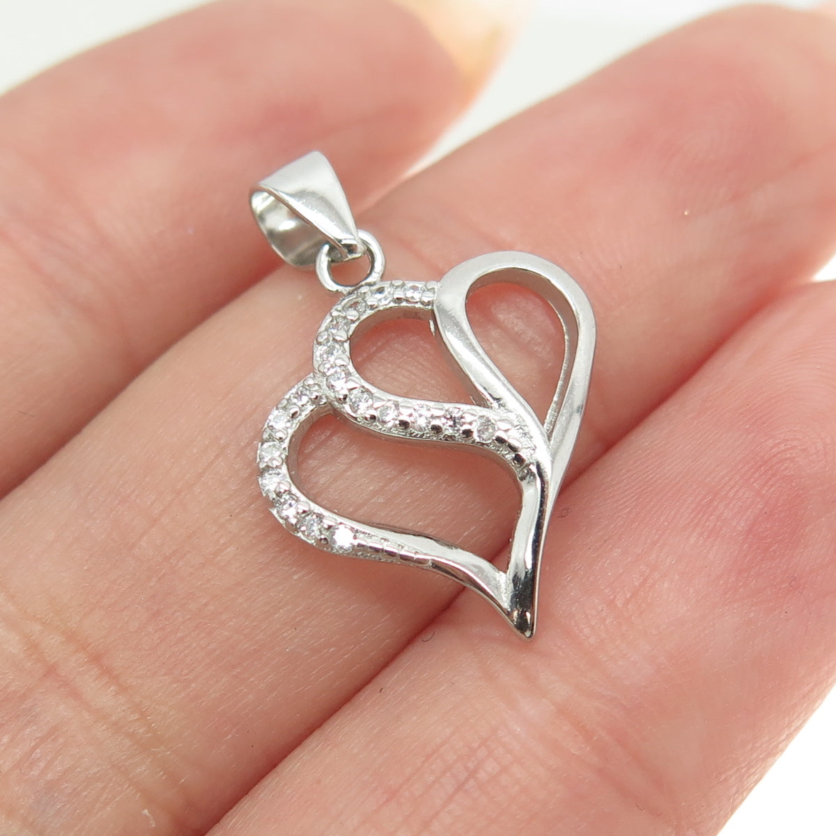 925 Sterling Silver Round-Cut Shaped C Z Couple of Hearts Pendant