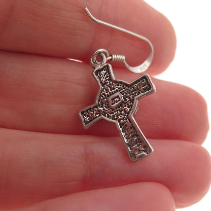 925 Sterling Silver Vintage Real Turquoise Cross Oxidized Dangle Earrings