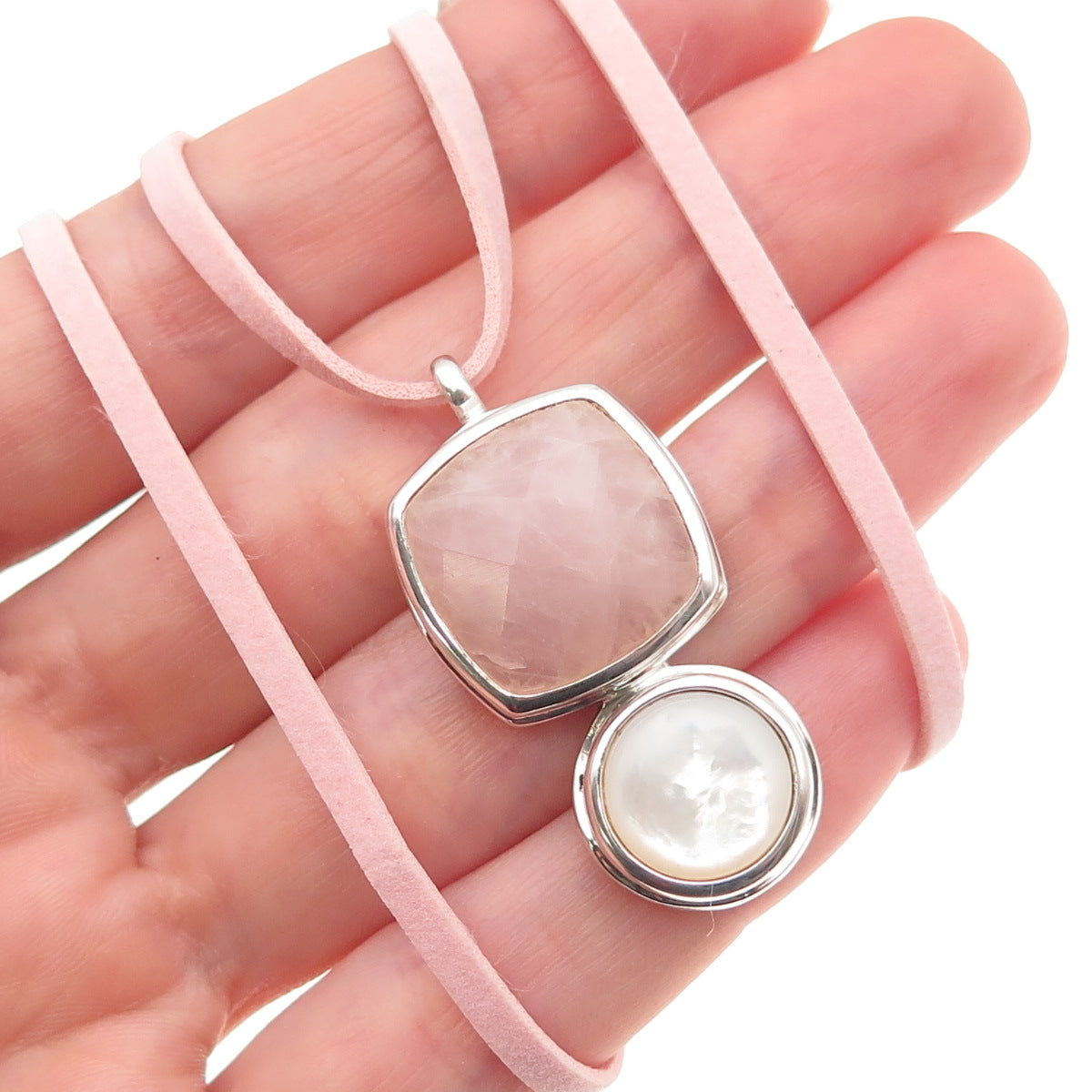 Elle 925 Sterling Silver Real Rose Quartz MOP & Ruby Pink Lace Necklace 16-18"