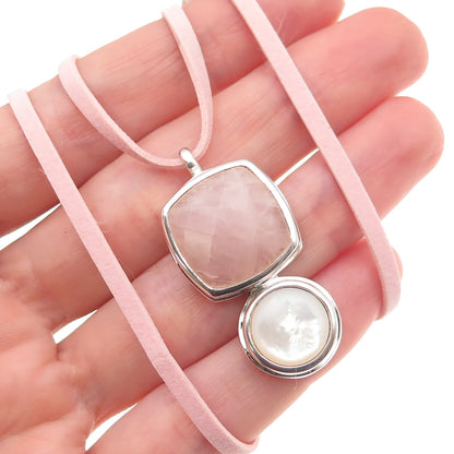 Elle 925 Sterling Silver Real Rose Quartz MOP & Ruby Pink Lace Necklace 16-18"