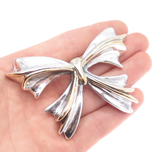 925 Sterling Silver 2-Tone Vintage JE Artisan Ribbon Bow Brooch / Slide Pendant