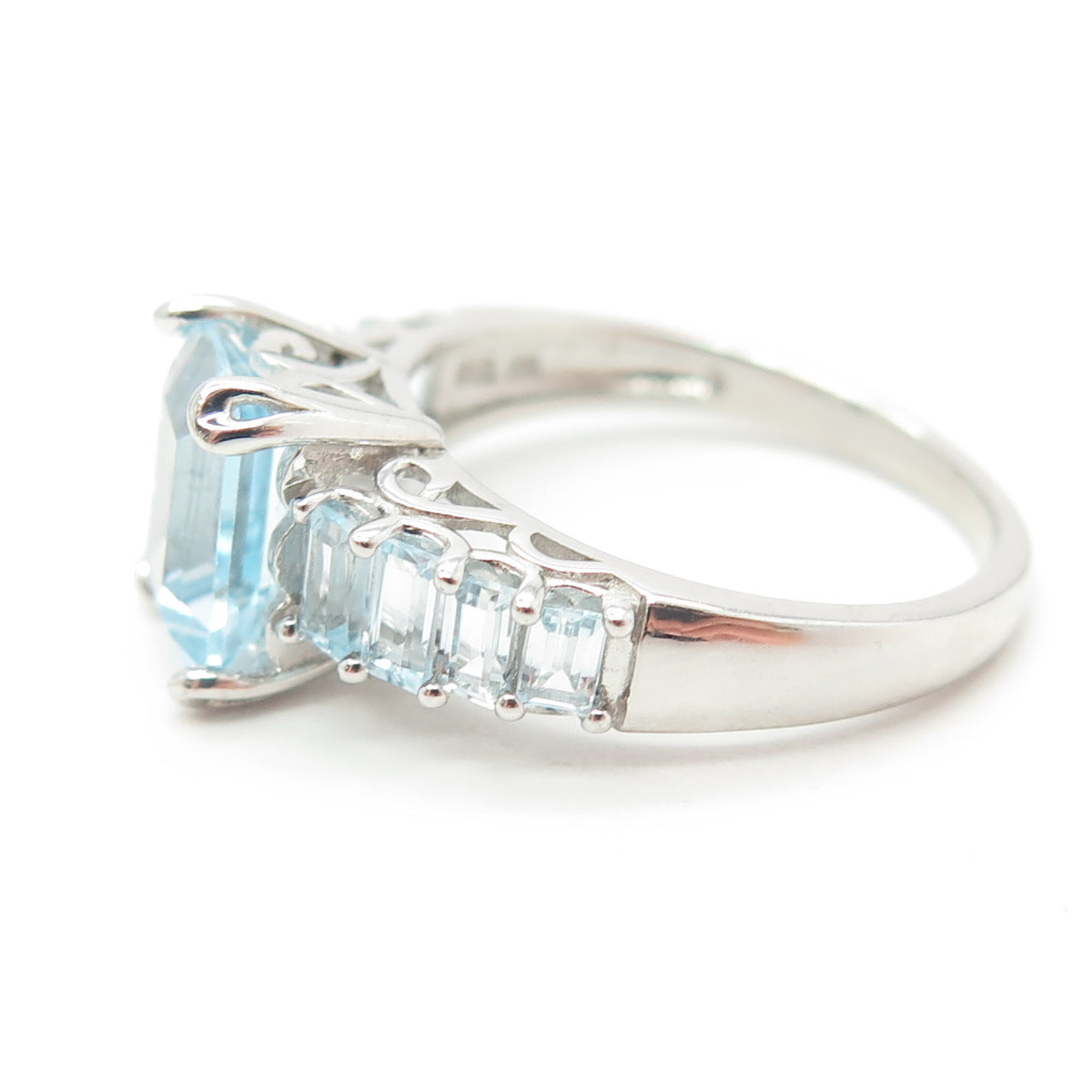 925 Sterling Silver Real Emerald-Cut Blue Topaz Engagement Ring Size 8