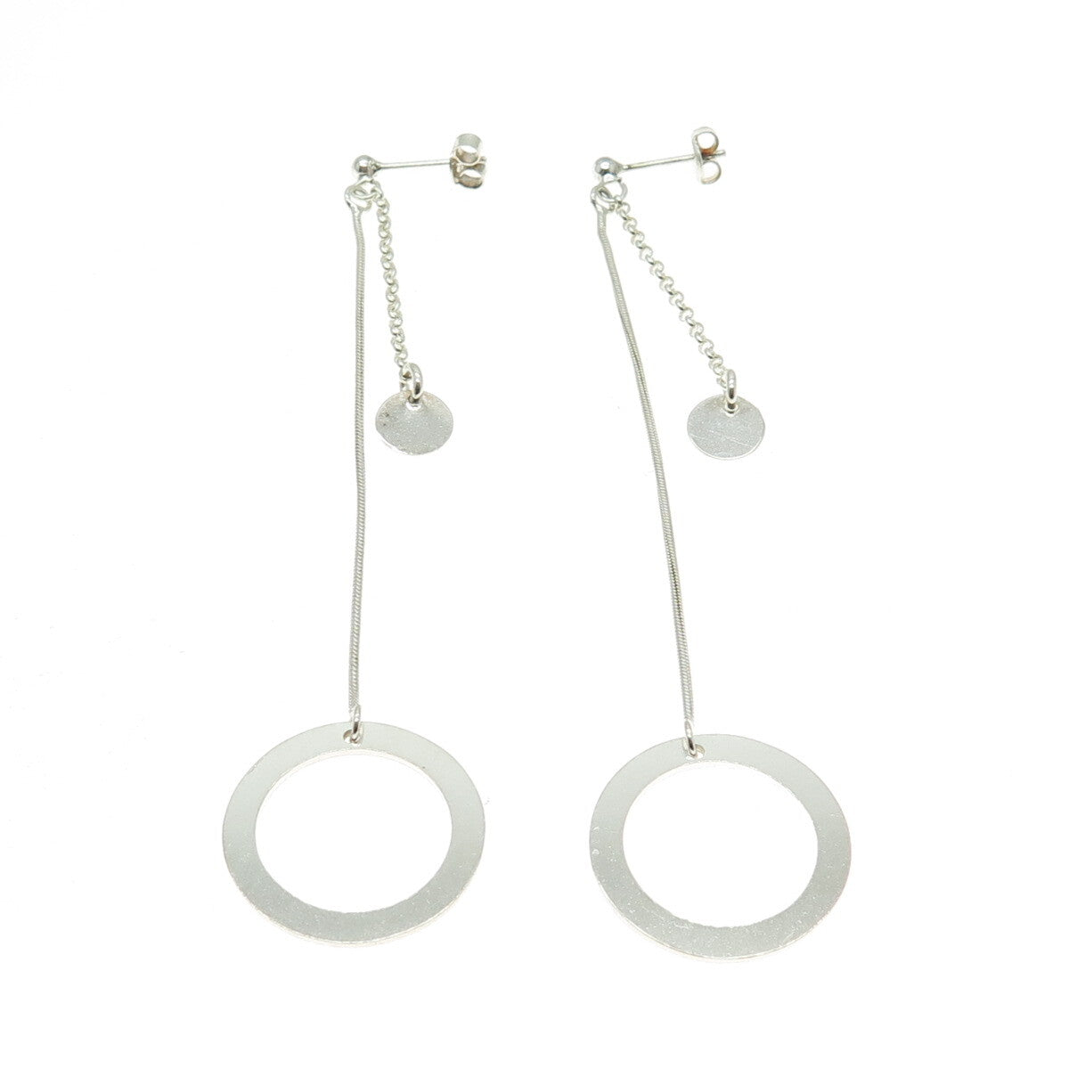 925 Sterling Silver Vintage Circle Snake & Rolo Chain Dangling Earrings