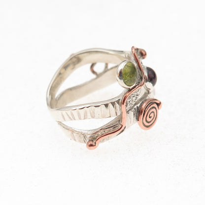 925 Sterling Silver 2-Tone Vintage Real Tourmaline Peridot Iolite Ring Size 6.5