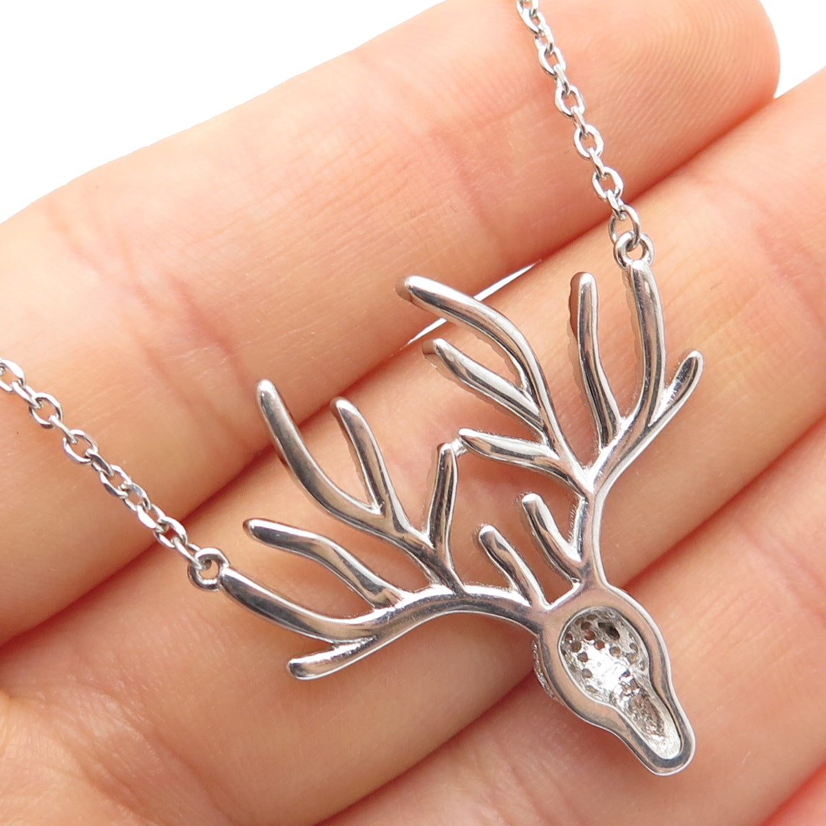 925 Sterling Silver Round-Cut Black & White C Z Deer Cable Chain Necklace 18-20"