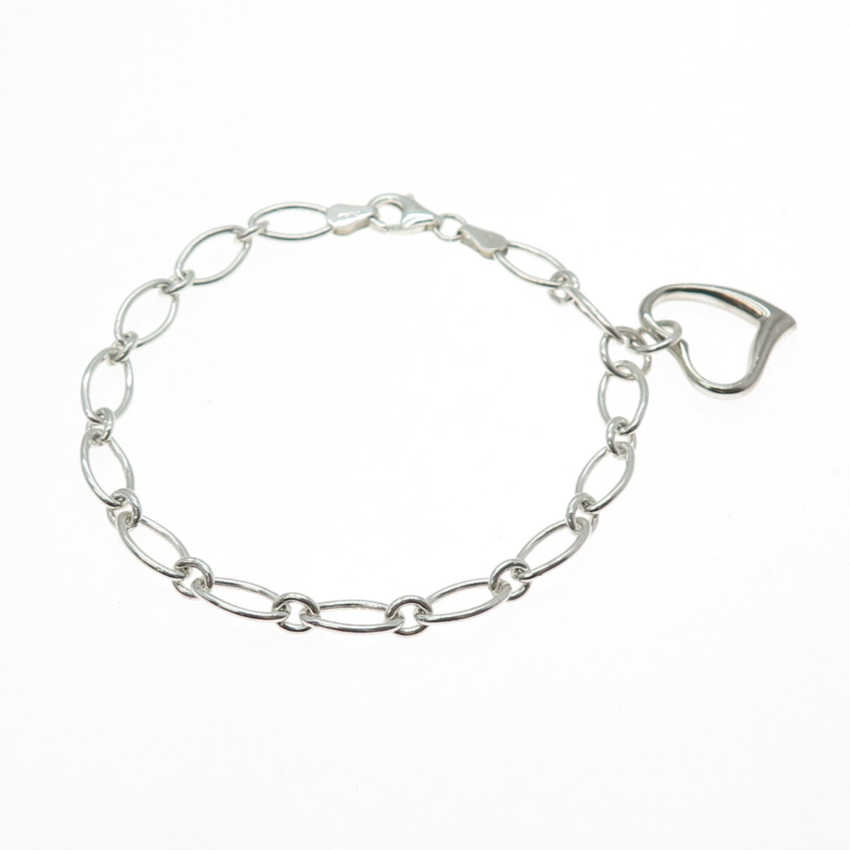 925 Sterling Silver Vintage Italy Heart Dangle Charm Oval Link Bracelet 7.25"