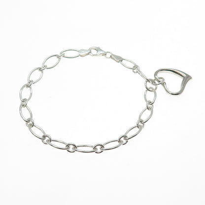 925 Sterling Silver Vintage Italy Heart Dangle Charm Oval Link Bracelet 7.25"