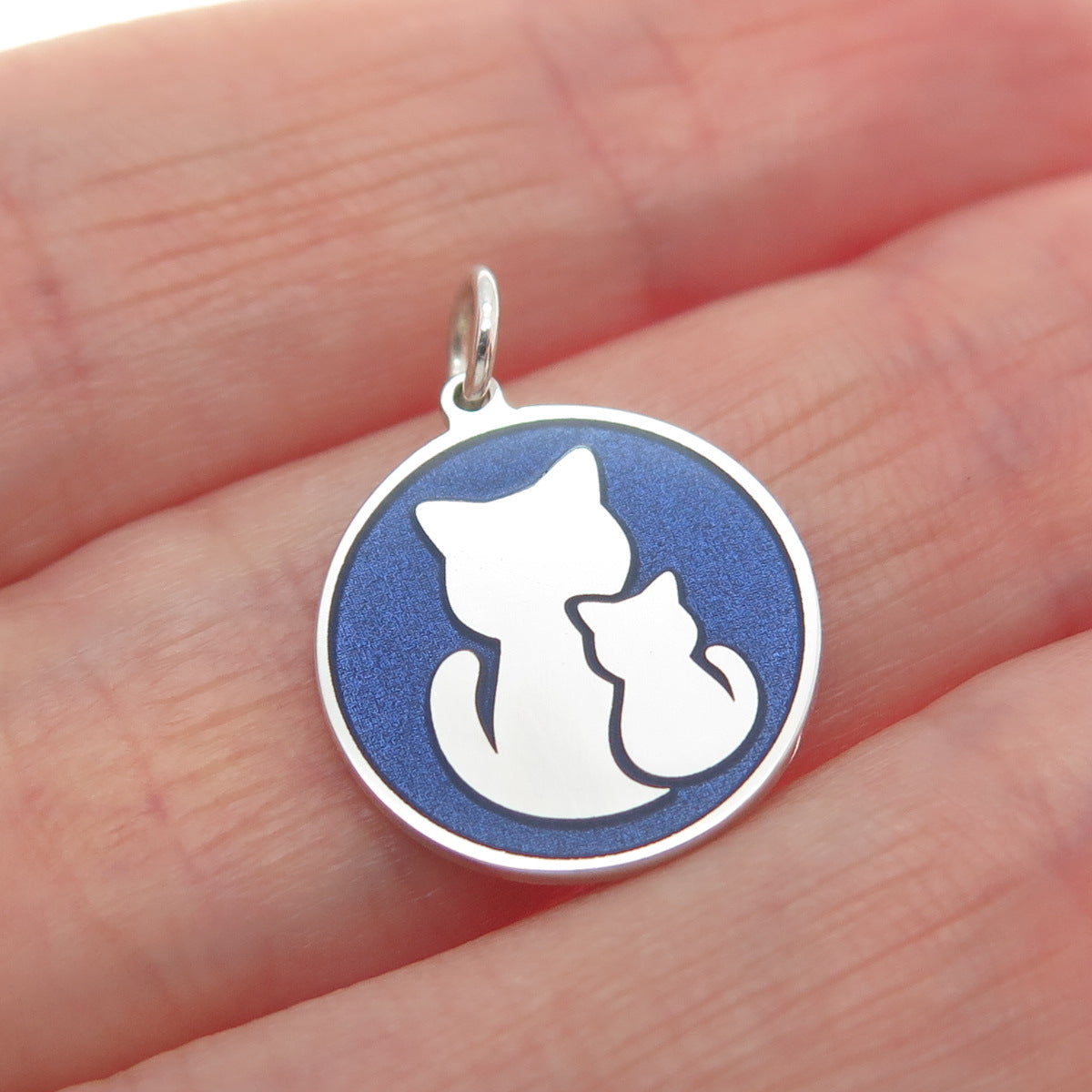925 Sterling Silver Blue Enamel Mom & Child Cat Minimalist Charm Pendant