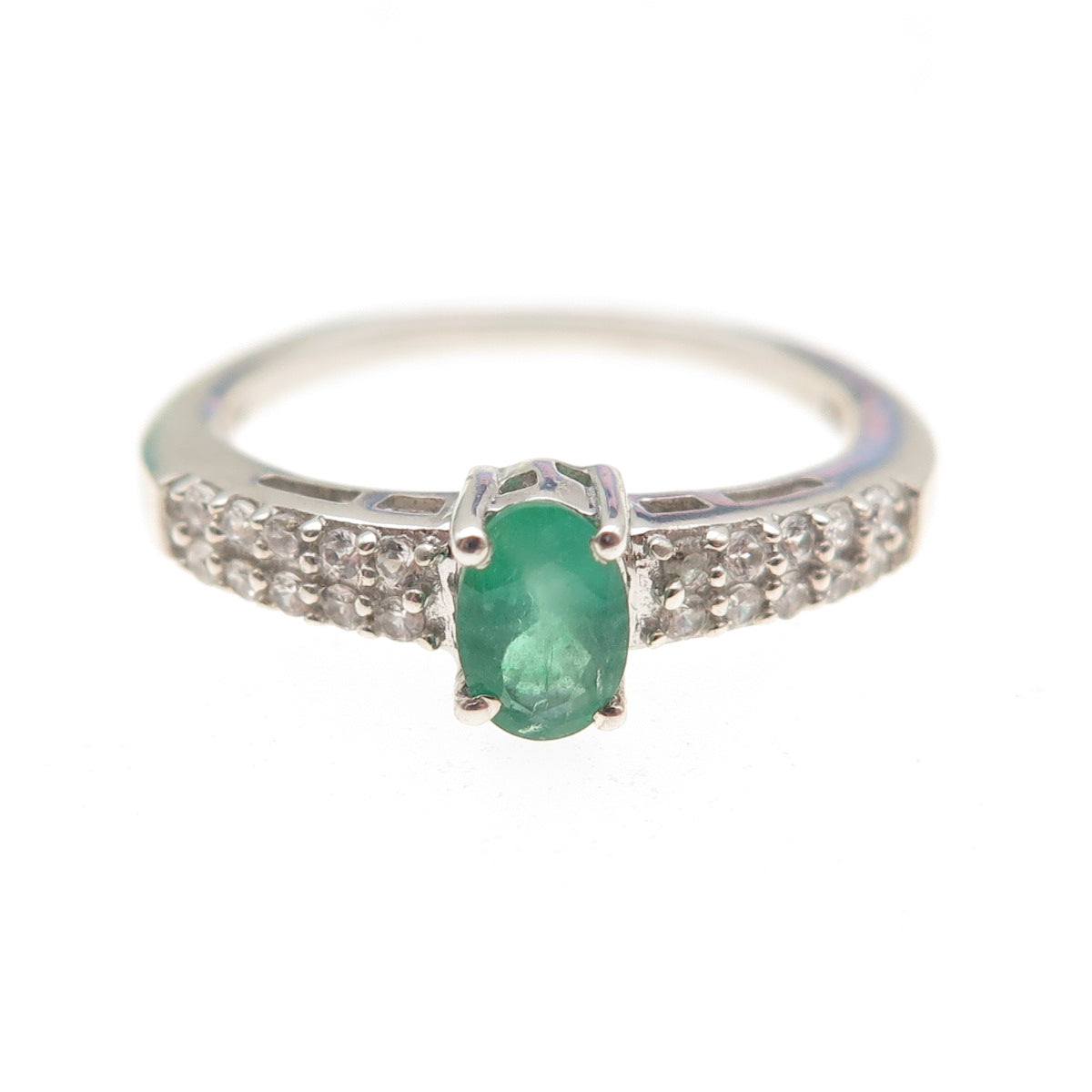 Chuck Clemency 925 Sterling Silver Real Emerald & White Topaz Ring Size 7