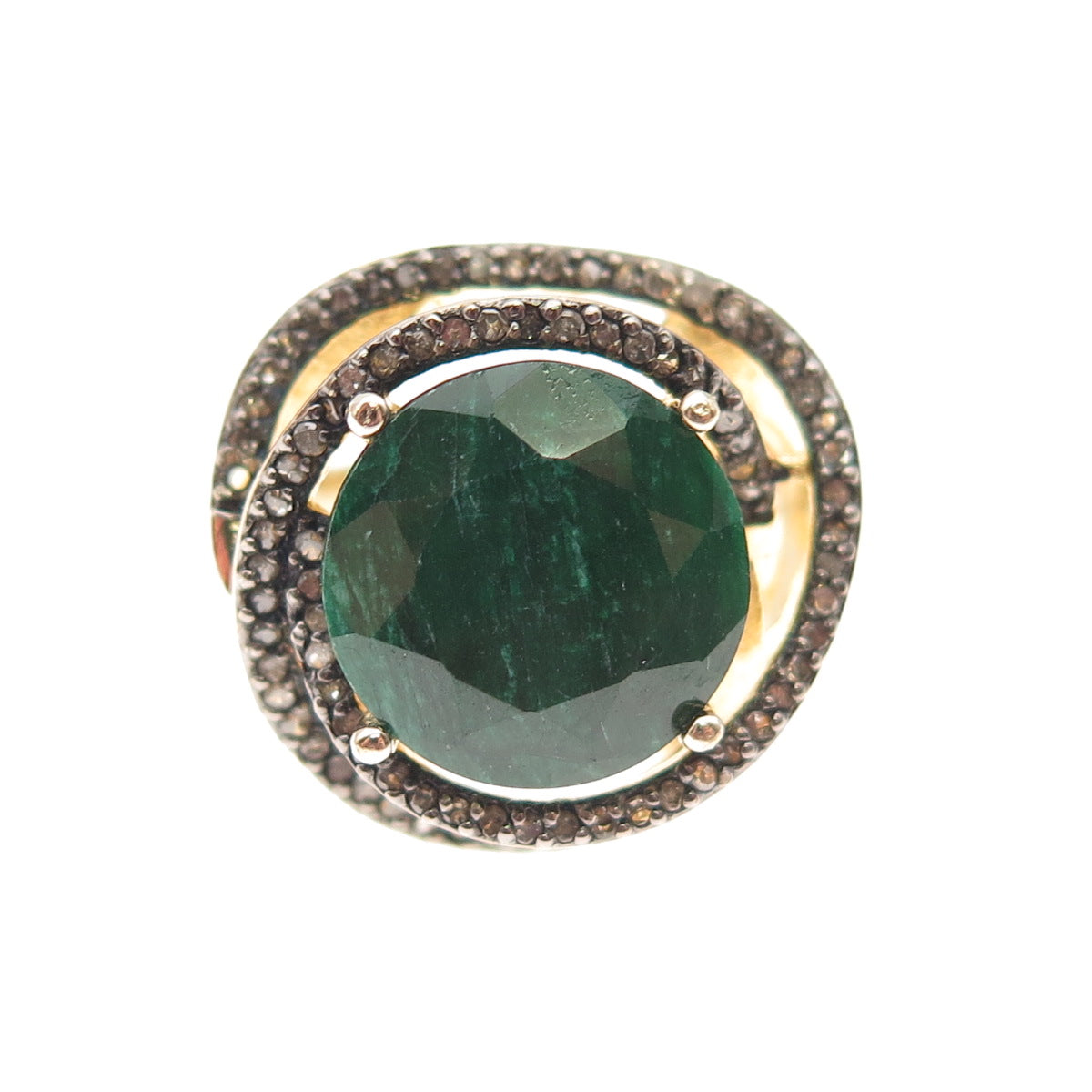 925 Sterling Silver Gold Plated Vintage Real Diamond & Emerald Ring Size 8