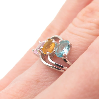 925 Sterling Silver Vintage Real Blue Topaz Pink Amethyst & Citrine Ring Size 6