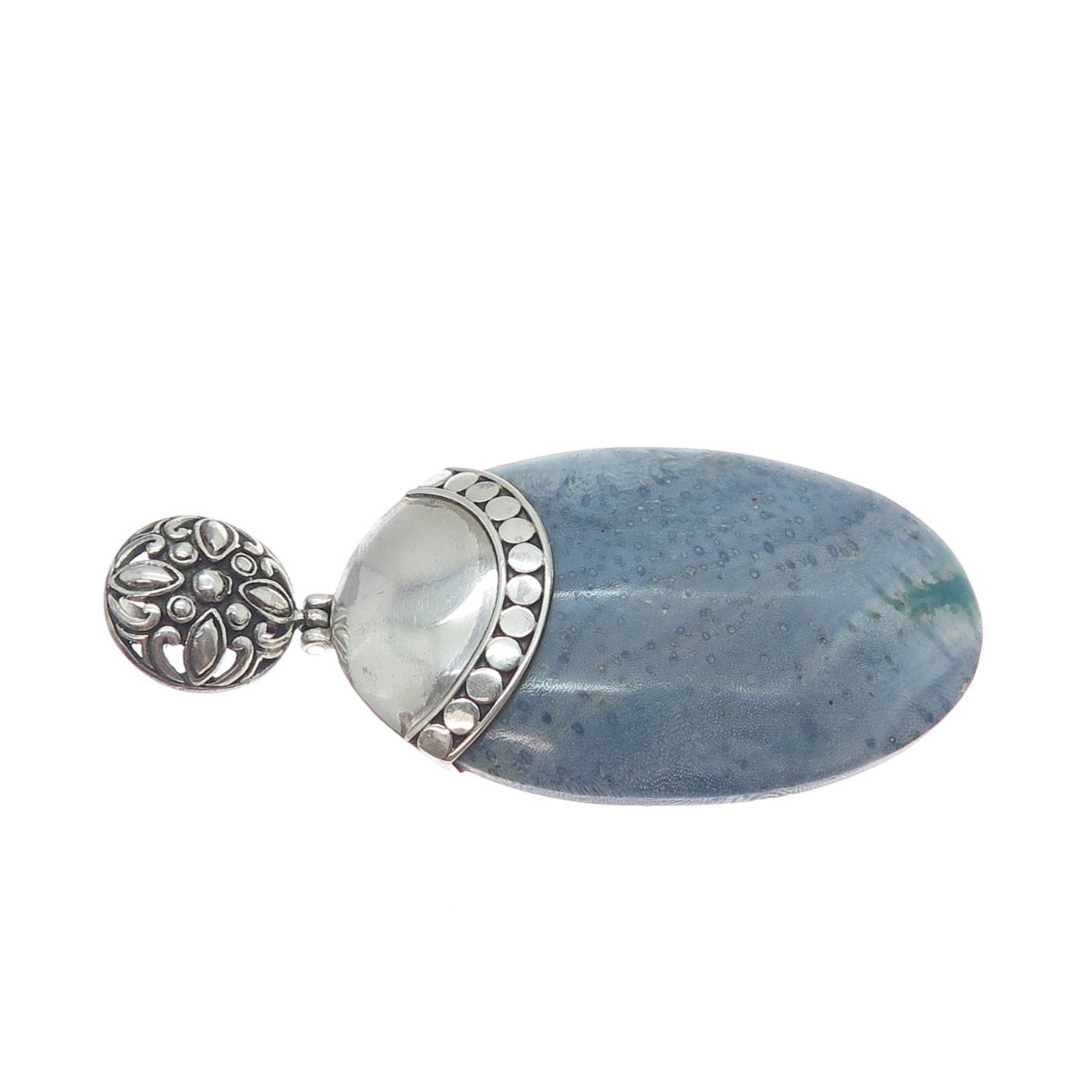 925 Sterling Silver Vintage Real Angelite Modernist Flower Pendant