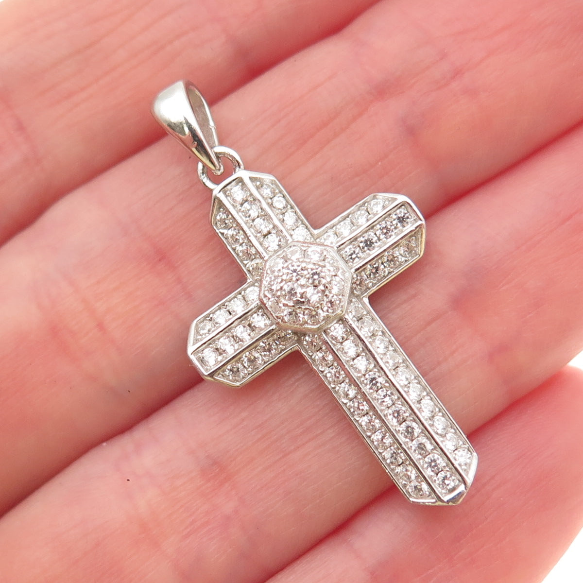 925 Sterling Silver Round-Cut C Z Sparkle Cross Charm Pendant