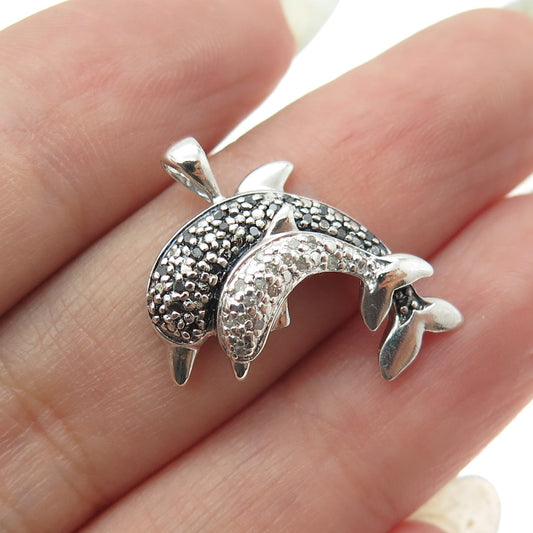 925 Sterling Silver Real Round-Cut Black & White Diamond Dolphin Pendant