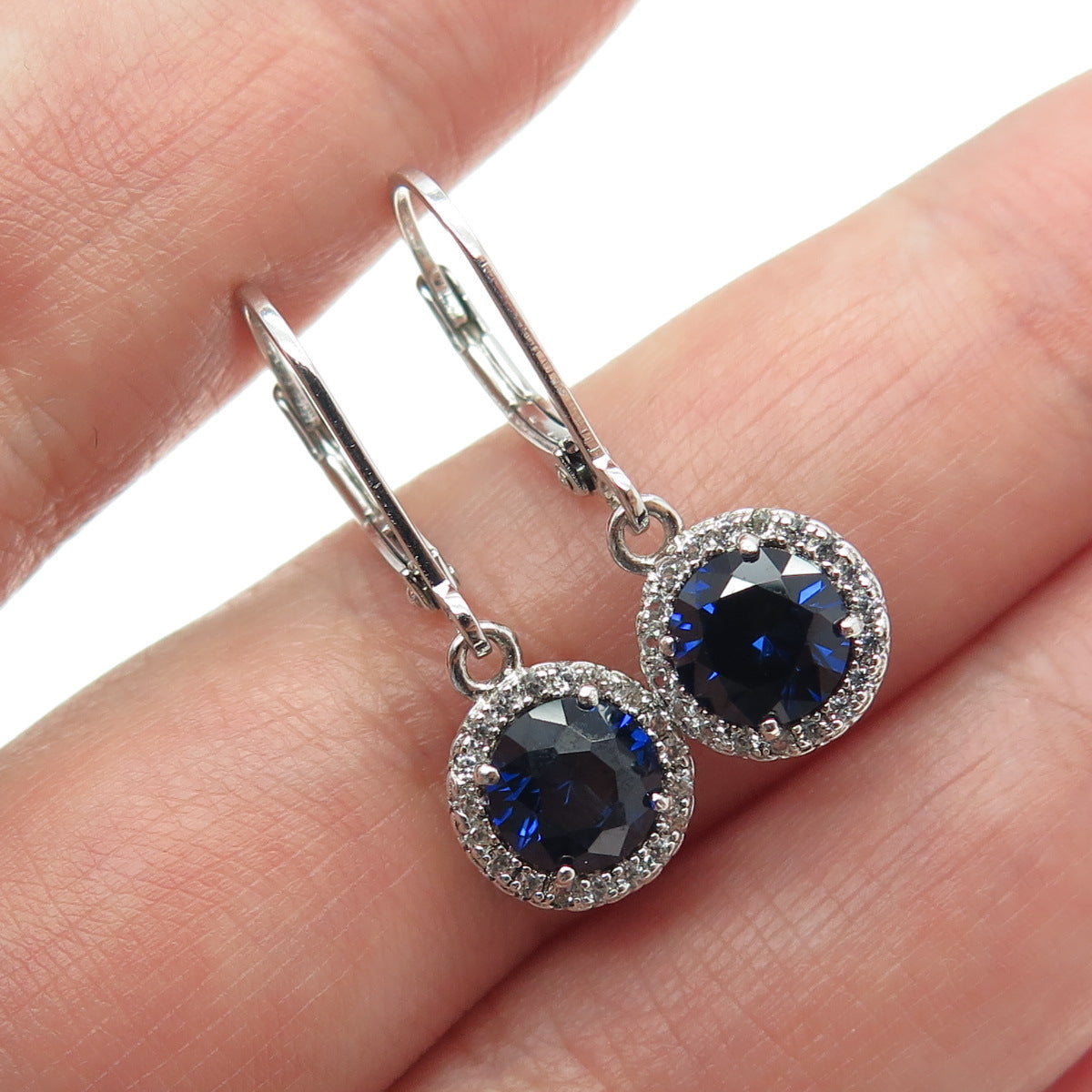 925 Sterling Silver Lab-Created Sapphire & C Z Dangle Earrings