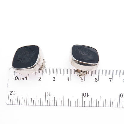925 Sterling Silver Vintage Real Black Onyx Roman Warrior Clip On Earrings
