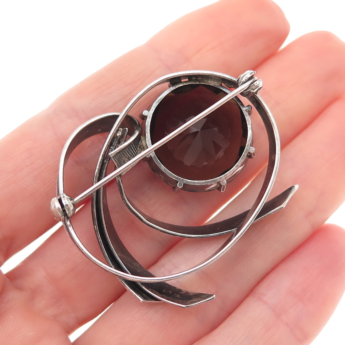 925 Sterling Silver Vintage Real Smoky Quartz Modernist Oxidized Pin Brooch