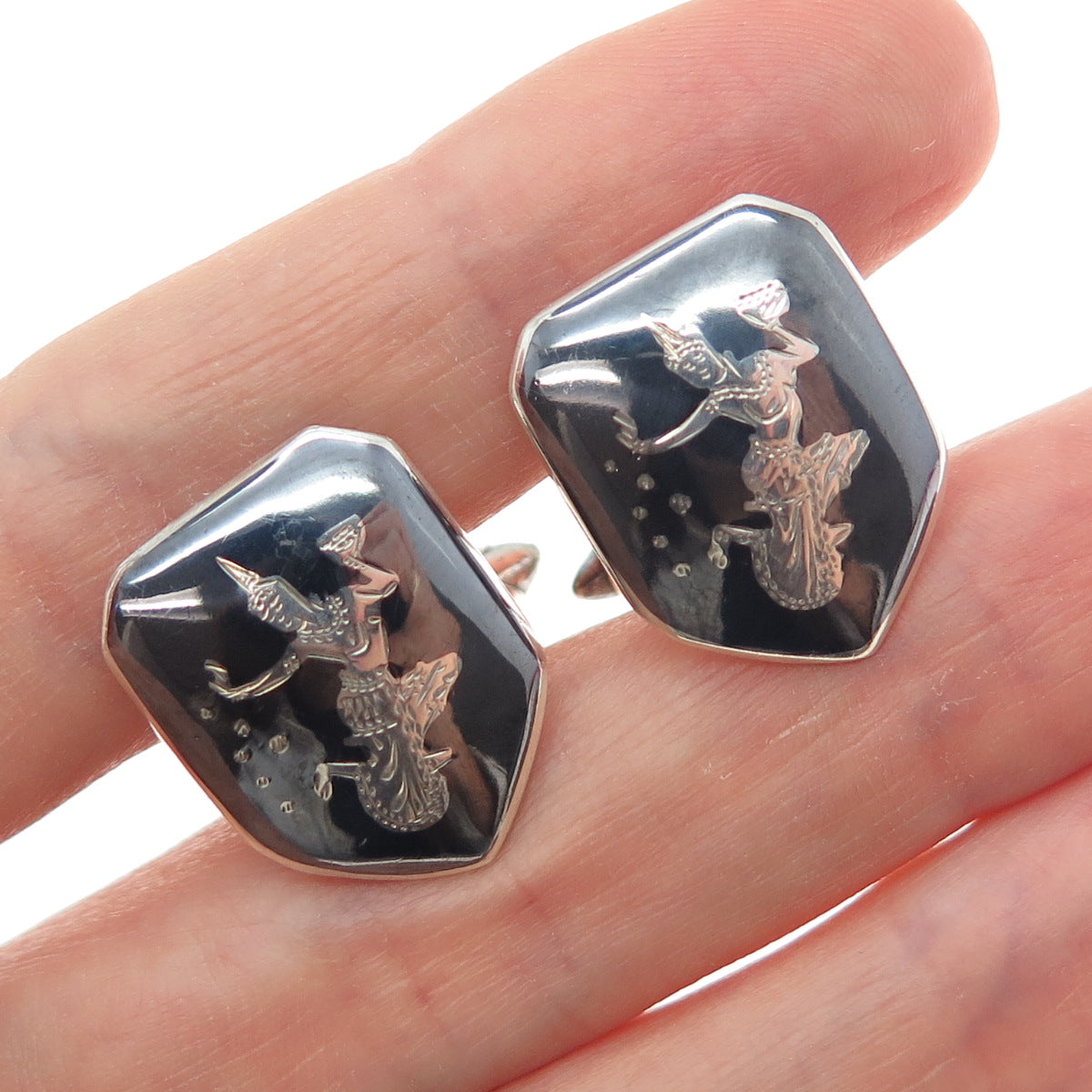 WILLY 925 Sterling Silver Antique Siam Niello Hindu Goddess Cufflinks