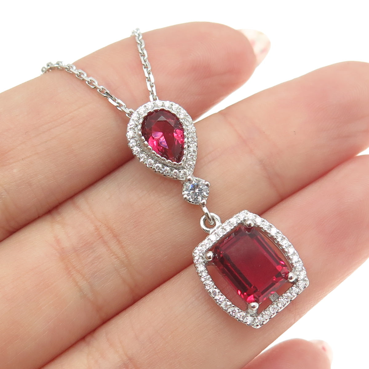 925 Sterling Silver Multi-Cut Pink & White C Z Cable Chain Necklace 16"