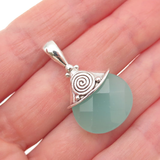 SAJEN 925 Sterling Silver Vintage Real Chalcedony Modernist Spiral Charm Pendant