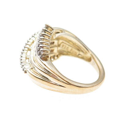 Sun 925 Sterling Silver Gold Plated Real Round & Emerald-Cut Diamond Ring Size 7