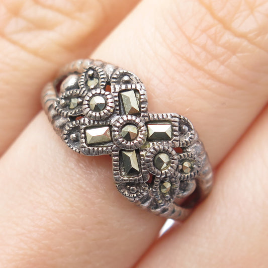 925 Sterling Silver Vintage Real Marcasite Oxidized Ring Size 7