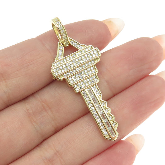 925 Sterling Silver Gold Plated Round & Baguette-Cut C Z Key Pendant