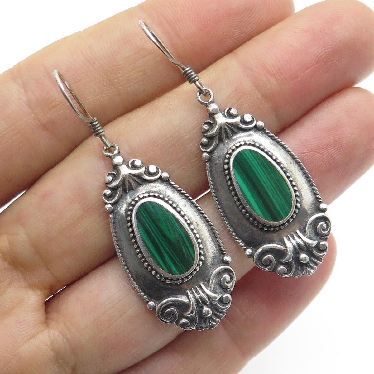 BOMA 925 Sterling Silver Vintage Real Malachite Floral Dangle Oxidized Earrings