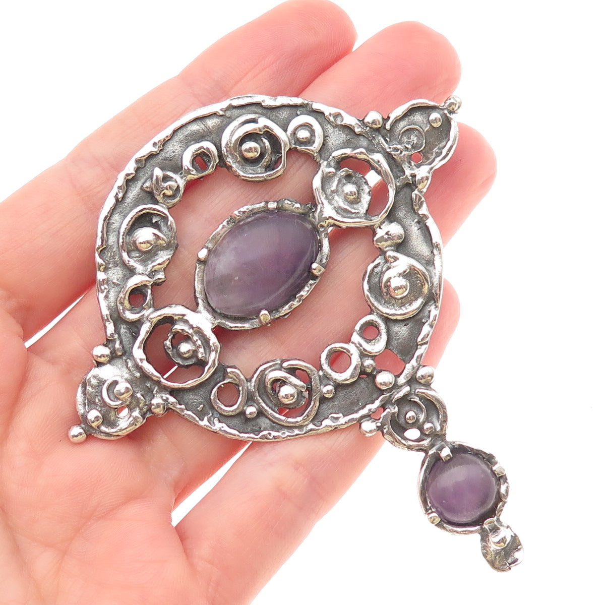 925 Sterling Silver Vintage Israel Real Amethyst Modernist Pin Brooch / Pendant