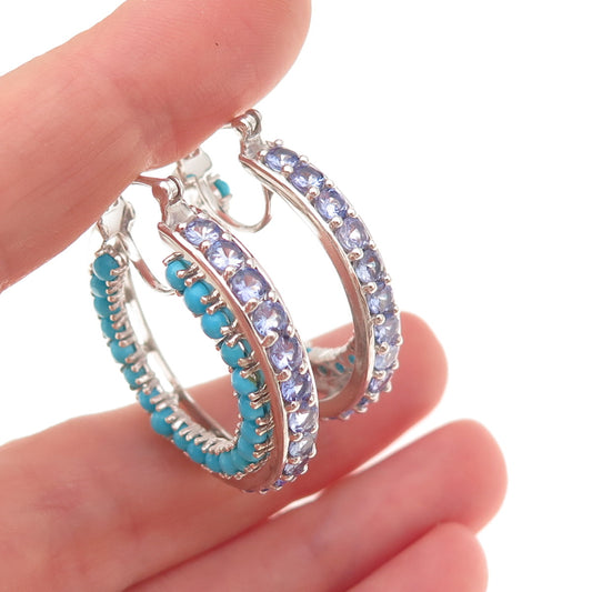 Chuck Clemency 925 Sterling Silver Real Turquoise & Tanzanite Hoop Earrings