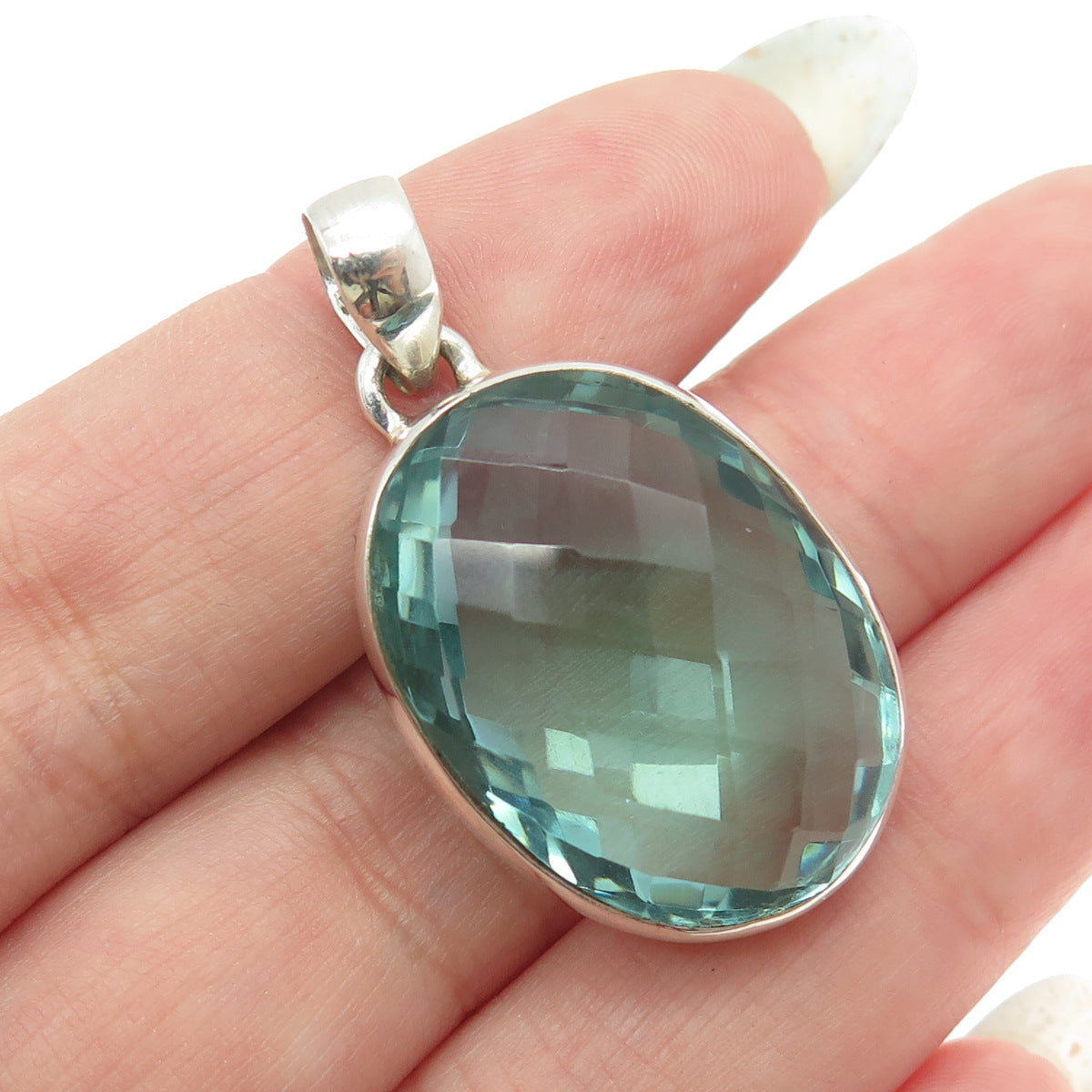 925 Sterling Silver Vintage Real Oval-Cut Green Mint Amethyst Pendant