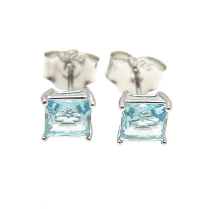 925 Sterling Silver Princess-Cut Shaped Blue C Z Stud Earrings