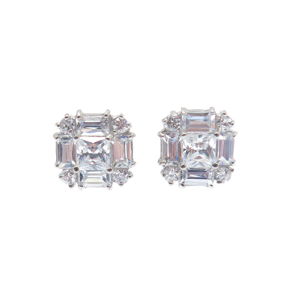 925 Sterling Silver Princess Emerald & Round-Cut C Z Stud Earrings