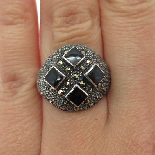 925 Sterling Silver Vintage Real Black Onyx Marcasite Oxidized Dome Ring Size 7