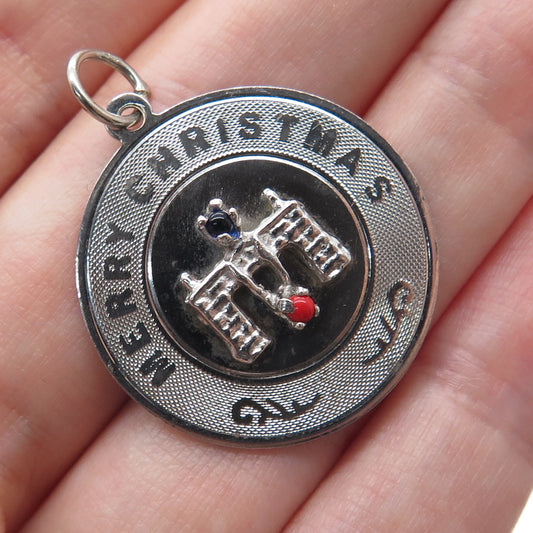 925 Sterling Silver Vintage Real Coral & Rhinestone Merry Christmas Pendant