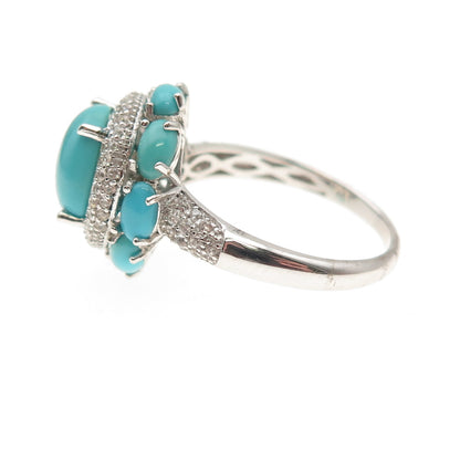 925 Sterling Silver Real Tyrone Turquoise & White Topaz Floral Ring Size 8.25
