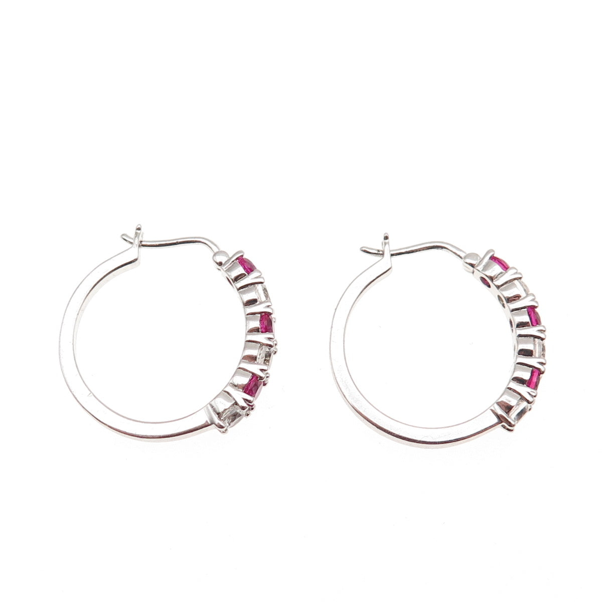 925 Sterling Silver Real Round-Cut White Topaz & Lab-Created Ruby Hoop Earrings