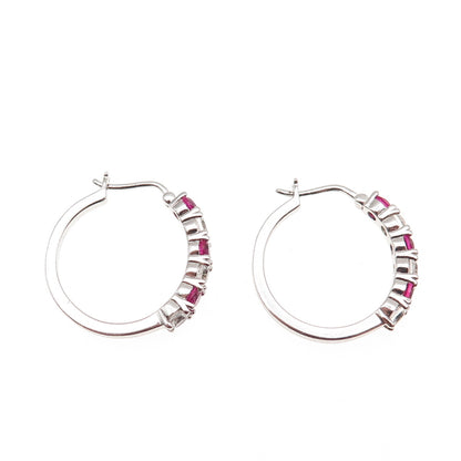 925 Sterling Silver Real Round-Cut White Topaz & Lab-Created Ruby Hoop Earrings