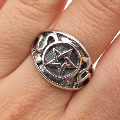 925 Sterling Silver Vintage Pentagram Oxidized Biker Ring Size 9